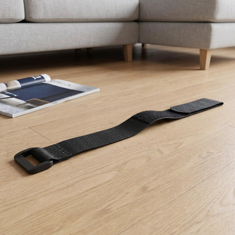 No Tools Required 30pcs Sectional Sofa Connector Straps With Hook And Loop Fasteners shown on wooden floor near gray couch.