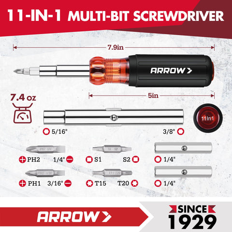 Must-Have Two-Piece Multi-Screwdriver Set With 11-In-1 Standard And 5-In-1 Stubby Bit Kit, ergonomic grip and bit sizes shown