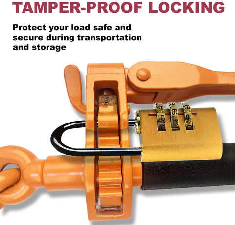 Tamper-proof lock on Heavy Duty Ratchet Binder 4 Pack Folding Handle Load Binder For 5/16 And 3/8 Grade 70 Chain, 7100 Lbs Working Load Limit, DOT SAE Compliant, Tough As Nails Cargo Tie Down