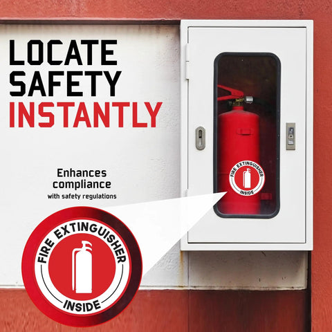 Fire Extinguisher Inside Sticker 6 Pack 2.75 Inch With Ultra Strong Adhesive Weatherproof Decals on cabinet