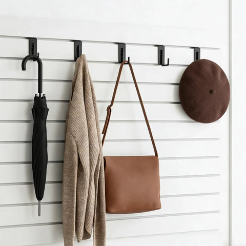 25 Pack Slatwall Hooks Hangers Heavy Duty J Shaped Slatwall Panel Hooks with umbrella, sweater, bag, hat displayed