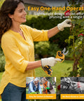 Woman using Heavy Duty 2 In 1 Electric Pruning Shears With A Telescoping Pole Reaching 15 Feet for garden pruning.