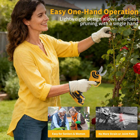 Woman using Heavy Duty 2 In 1 Electric Pruning Shears With A Telescoping Pole Reaching 15 Feet for garden pruning.