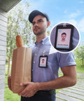 Delivery person holding a grocery bag at a front door, seen through Battery Powered Video Doorbell 2E With 2K Live View, Wide Dynamic Range.