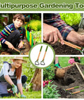 2 Pcs Mini Garden Hoes For Weeding Long Stirrup Tools Scuffle Hoe Set With Wood Handles shown in use by different people in garden