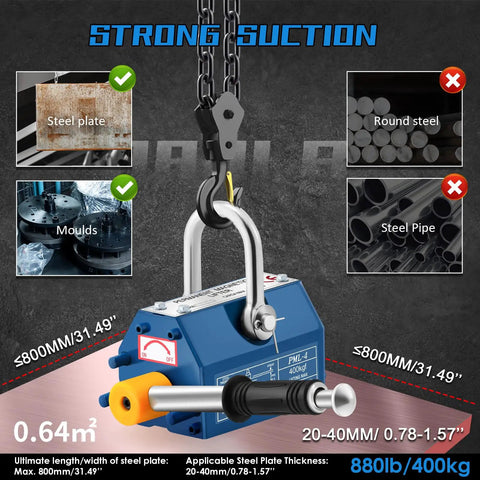 Heavy Duty Magnetic Lifter Hoist With Handle, 880 Lb Capacity, Two And A Half X Safety Factor shown lifting steel plate