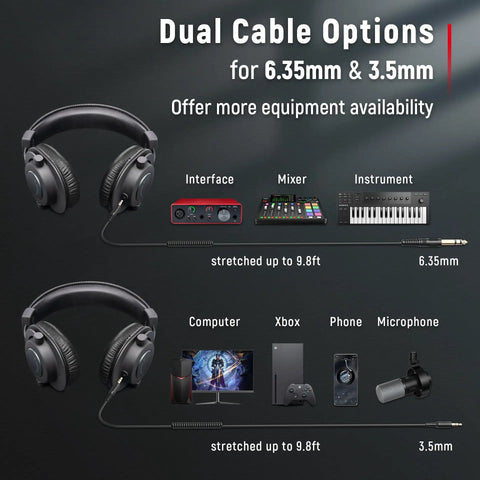Studio Monitor Headphones For Recording With 50mm Drivers, Wired Over Ear Headphones With Detachable Cables For 3.5mm Or 6.35mm Jacks