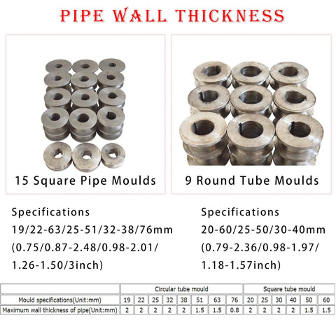 15 Square Pipe Moulds and 9 Round Tube Moulds for Heavy Duty Electric Pipe Bender With 15 Round And 9 Square Dies.