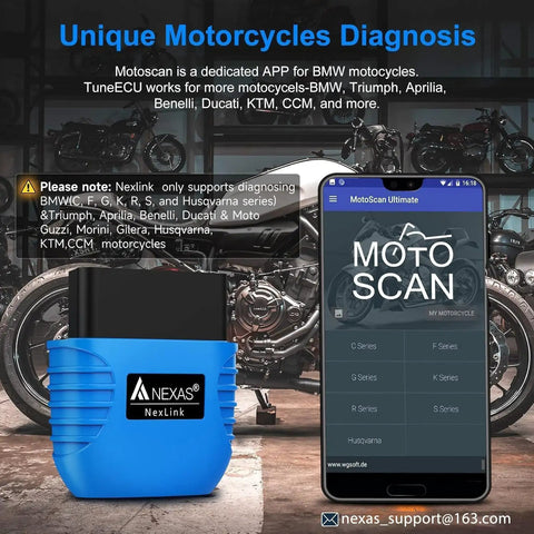 Motorscan app screen on phone next to NEXAS Bluetooth OBD2 Scanner for Cars, Easy Plug In Check Engine Light Reader with Live Data.