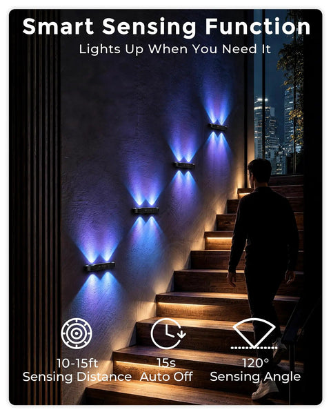 Rechargeable Motion Sensor Light Indoor, Magnetic RGB Wall Sconces 4 Pack illuminating stairs with motion detection.