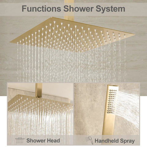 Boss Brushed Gold Shower Faucet Set With Ceiling Mount 8 Inch Rainfall Head System, Dual Function High Pressure Showerheads