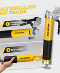 10,000 PSI Pneumatic Grease Gun Kit With Built Tough Pistol Grip, 14 Oz Capacity, showing refilling options and resin flex hose