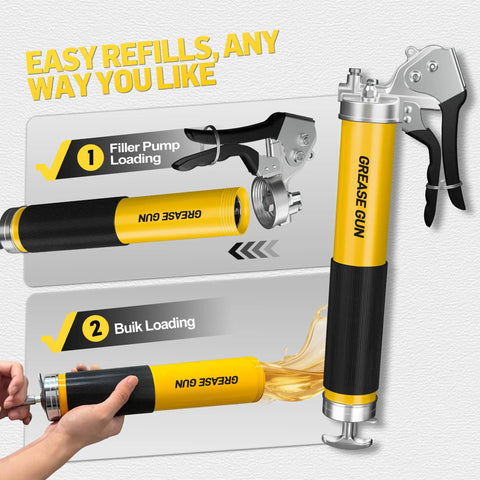 10,000 PSI Pneumatic Grease Gun Kit With Built Tough Pistol Grip, 14 Oz Capacity, showing refilling options and resin flex hose