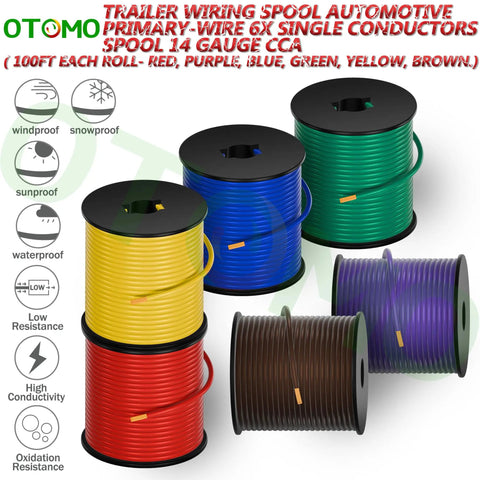 Six Color Code 14 Gauge CCA Wire Spool Set 100 Ft Each 600 Ft Total Single Conductor Automotive Primary Hook Up Wire SAE J1128 For Trailer RV Camper Low Voltage Wiring Red Blue Green Yellow Brown Purple
