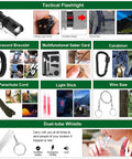 Outdoors survival kit with 7 tools: flashlight, paracord bracelet, saber card, carabiner, cord, light sticks, wire saw.