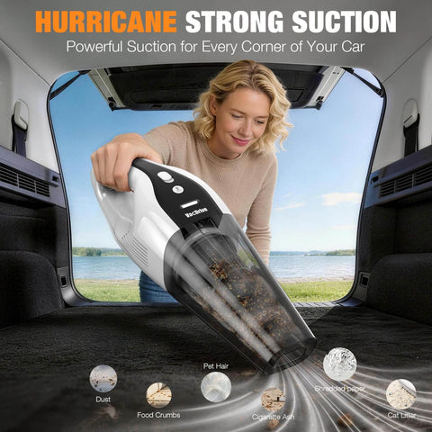 Woman using a Powerful Cordless Handheld Vacuum For Car And Home With Brushless Motor And Beast Suction Rechargeable Portable Cleaner.