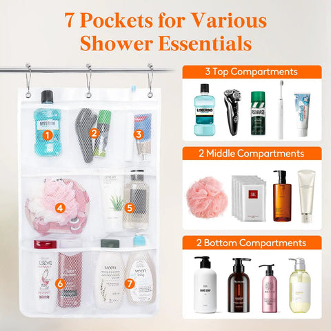 Cruise Essentials Hanging Shower Caddy With 7 Pockets And Quick Dry Mesh Portable Bathroom Organizer showing toiletries arrangement