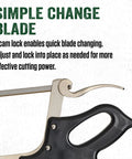 Close-up of 16 Inch Meat Saw with Tightening Cam, Nickel Plated Frame, Ergonomic Black Handle, Pro Grade Butcher Tool for Easy Carcass Breakdown and Precise, Fast Cuts with a Rugged High Speed Steel Blade, showing cam lock mechanism and handle.