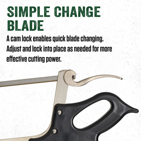 Close-up of 16 Inch Meat Saw with Tightening Cam, Nickel Plated Frame, Ergonomic Black Handle, Pro Grade Butcher Tool for Easy Carcass Breakdown and Precise, Fast Cuts with a Rugged High Speed Steel Blade, showing cam lock mechanism and handle.