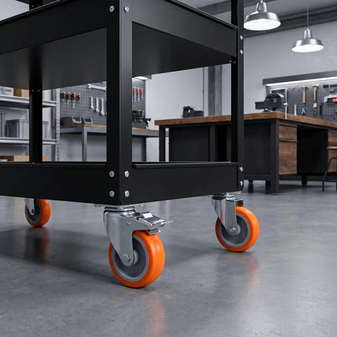 Close-up of 4pcs Inch M8 TPR Rolling Furniture Casters with Brake Orange mounted on a sturdy black cart in a workshop.