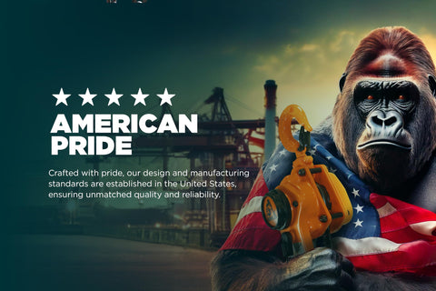 Gorilla holding lever hoist with American flag, industrial background, 360 Degree Lever Hoist Heavy Duty Manual Ratchet Chain Puller