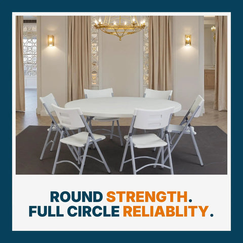 Round Folding Table Built Like A Tank For Heavy Duty Use, Commercial Grade With Thick Blow Molded Top, 60 Inch Diameter