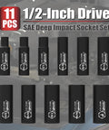 1/2-Inch Drive Deep Impact Socket Set Cr-V 6-Point 11 SAE Sockets With Heavy-Duty Pro-Grade Build And Manganese Phosphate Finish