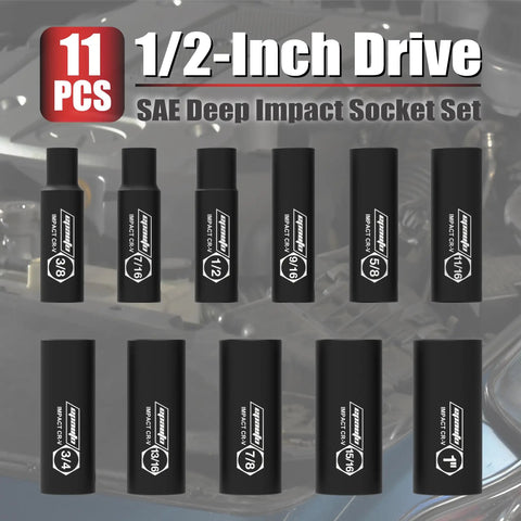 1/2-Inch Drive Deep Impact Socket Set Cr-V 6-Point 11 SAE Sockets With Heavy-Duty Pro-Grade Build And Manganese Phosphate Finish