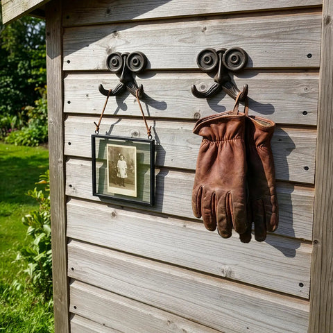Heavy Duty Kickass Cast Iron Mustache Wall Hooks holding leather gloves and a framed photo on wooden wall outdoors.