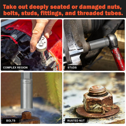Deep Bolt Extractor Kit Five Piece Set For Spark Plugs Bolts Lug Nuts Studs Screws With Deep Well Design in use on rusted hardware