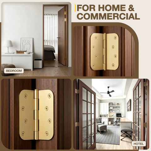 Rock Solid Heavy Duty Door Hinges Hit Four Inches Wide With Rounded Corners And A Slick Champagne Bronze Finish, installed on interior doors.