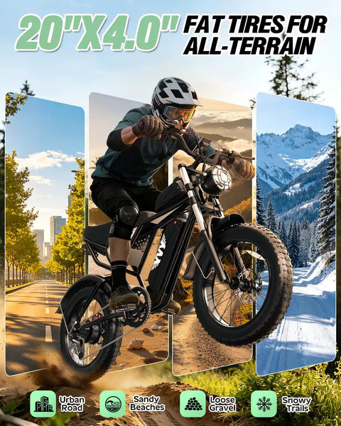 Offroad 1500W Peak Motor Fat Tire Electric Bike with 20 inch fat tires shown in urban and snowy trail settings