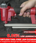 Rock Solid Pneumatic Staple Gun For Carpentry And DIY Projects Smooth Shooting 22 Gauge air powered crown nailer with open magazine design.