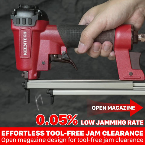 Rock Solid Pneumatic Staple Gun For Carpentry And DIY Projects Smooth Shooting 22 Gauge air powered crown nailer with open magazine design.