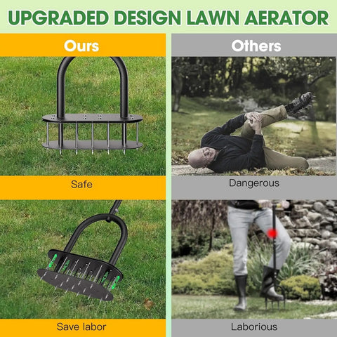 Comparison of Lawn Aerator Tool With 15 Iron Spikes For Quick Soil Aeration In Your Yard And Garden showing safety and efficiency