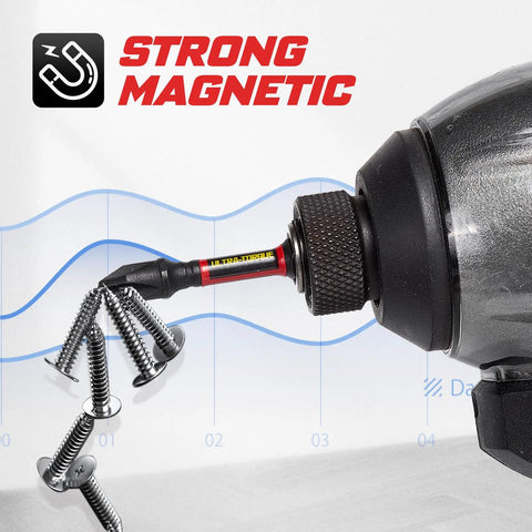 Impact driver with 52 Piece Magnetic Phillips Screwdriver Bit Set for Impact Drivers With PH1 PH2 PH3 and screws attached by magnetism.