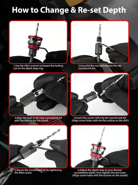 How to Change & Re-set Depth for Heavy Duty Nine Piece Countersink Drill Bit Set With Adjustable Depth Stop Collar And Tct Alloy Steel.
