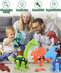 Child with parents building dinos from Five Dino Building Set For Kids With STEM Learning Build Your Own Tyrannosaurus Rex Triceratops