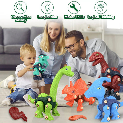 Child with parents building dinos from Five Dino Building Set For Kids With STEM Learning Build Your Own Tyrannosaurus Rex Triceratops
