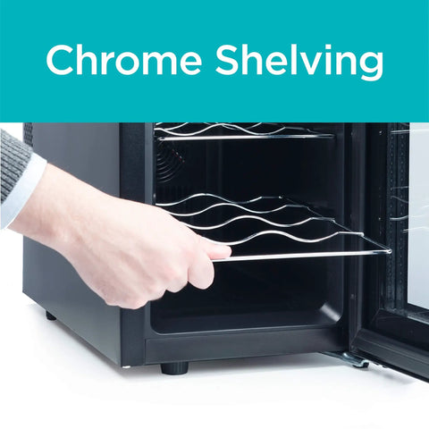 Hand pulling chrome rack from Compact 8 Bottle Capacity Wine Fridge With LED Display And Interior Light