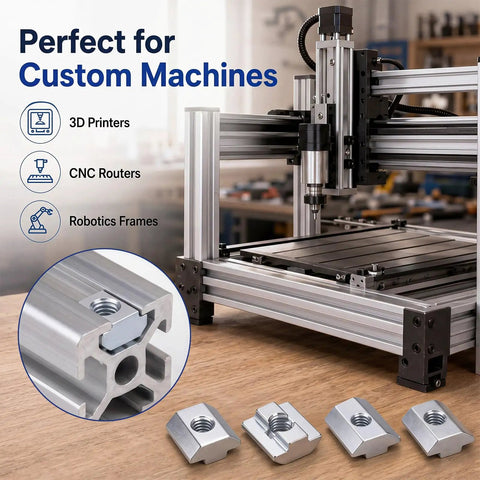 100 Piece Hella Tough 4040 Series Sliding T Nuts With Precision Metric M8 Threads For Smooth Gliding Action And Rock Solid Aluminum Extrusion Mounting On Your Setup, showing T nuts for CNC and robotics.