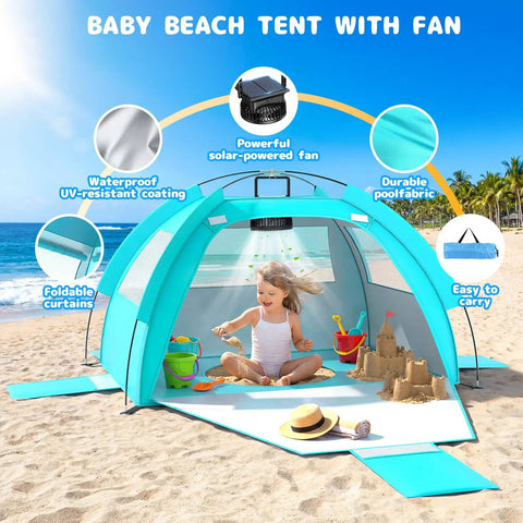 All In One Baby Beach Tent With Solar Powered Cooling Fan UPF 50 UV Protection Portable Sun Shade Canopy Shelter for beach use