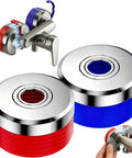 Two Piece Magnetic Split Faucet Covers Adjustable Pipe Escutcheon Plates Quick Snap Magnet Install No Sweat Setup Snug Fit Cover For Hidden U Pipes Under Sink, red and blue covers.