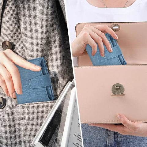 Woman placing compact everyday wallet for women with RFID blocking in a handbag, showcasing soft cowhide leather and slim design.