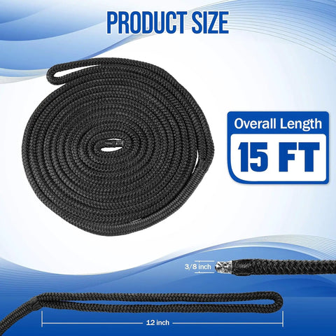 Four Pack Boat Dock Lines 3/8 Inch By 15 Feet Nylon Double Braided Rope with 12 Inch Loop Heavy Duty