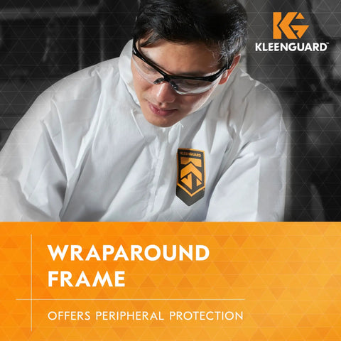 Person wearing V30 Nemesis Safety Glasses with anti-fog coating and clear lenses black frame unisex fit in industrial setting