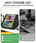 Heavy Duty 3D Printer Filament Storage Box With 21 Spool Capacity next to cluttered filament area showing organization benefits