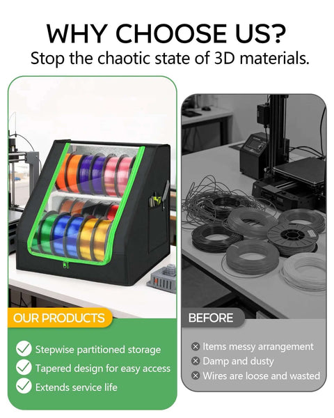 Heavy Duty 3D Printer Filament Storage Box With 21 Spool Capacity next to cluttered filament area showing organization benefits