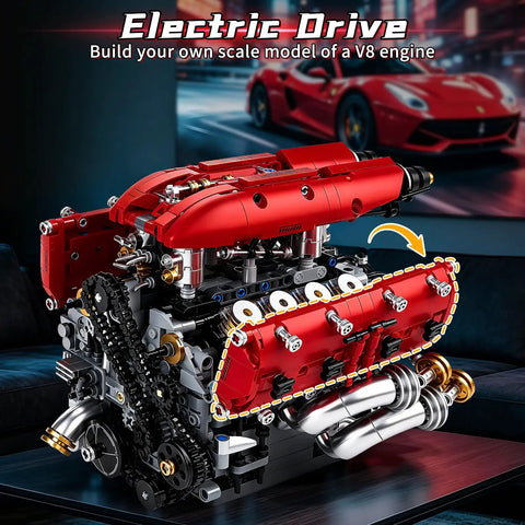 V8 Engine Model Kit That Runs With Motorized Pistons, Car Engine Building Blocks Set For STEM Learning, close-up view