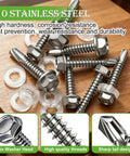 370 Piece Job Site Staple 410 Stainless Steel Number 8 By 3/4 Inch Hex Washer Head Self Drilling Screw Kit with washers on wooden background.